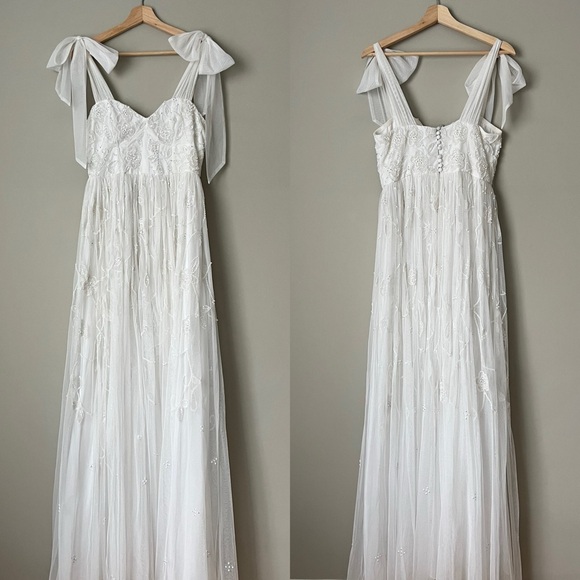 ASOS DESIGN Mila Floral Embellished Mesh Wedding Dress with Tie Straps in Ivory - Picture 5 of 8